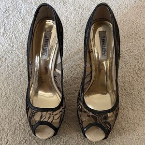 Jennifer Lopez Black and Gold Lace Peep Toe Heels
